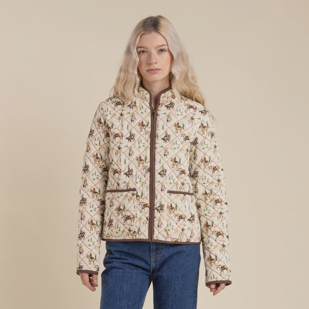 Loretta Quilted Jacket, Color: Vintage White - Water Color Rodeo Print, Size: S