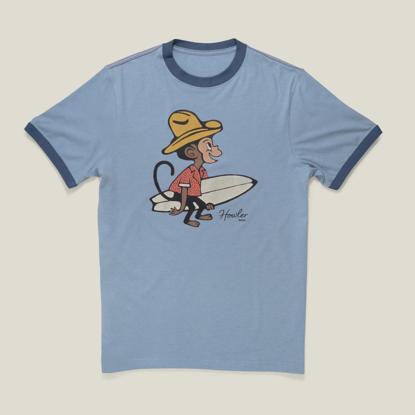 El Monito Surfs Cotton Ringer T-Shirt, Color: Light Blue Heather, Size: S