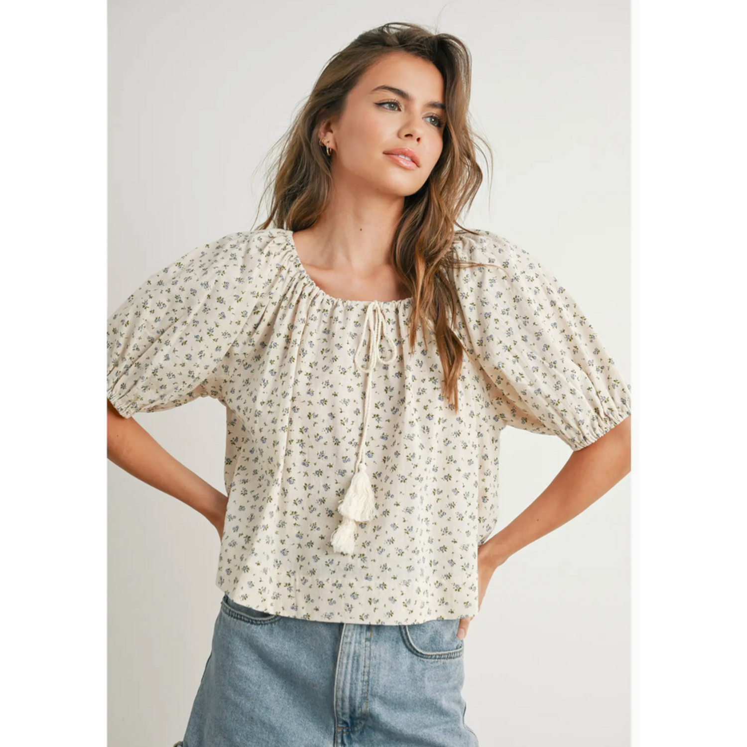 Floral Puff Sleeve Top, Color: Taupe/Blue, Size: S