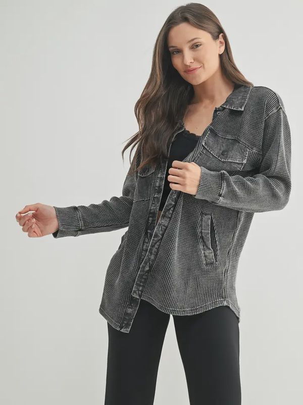Waffle Knit Mineral-Washed Button Down Jacket