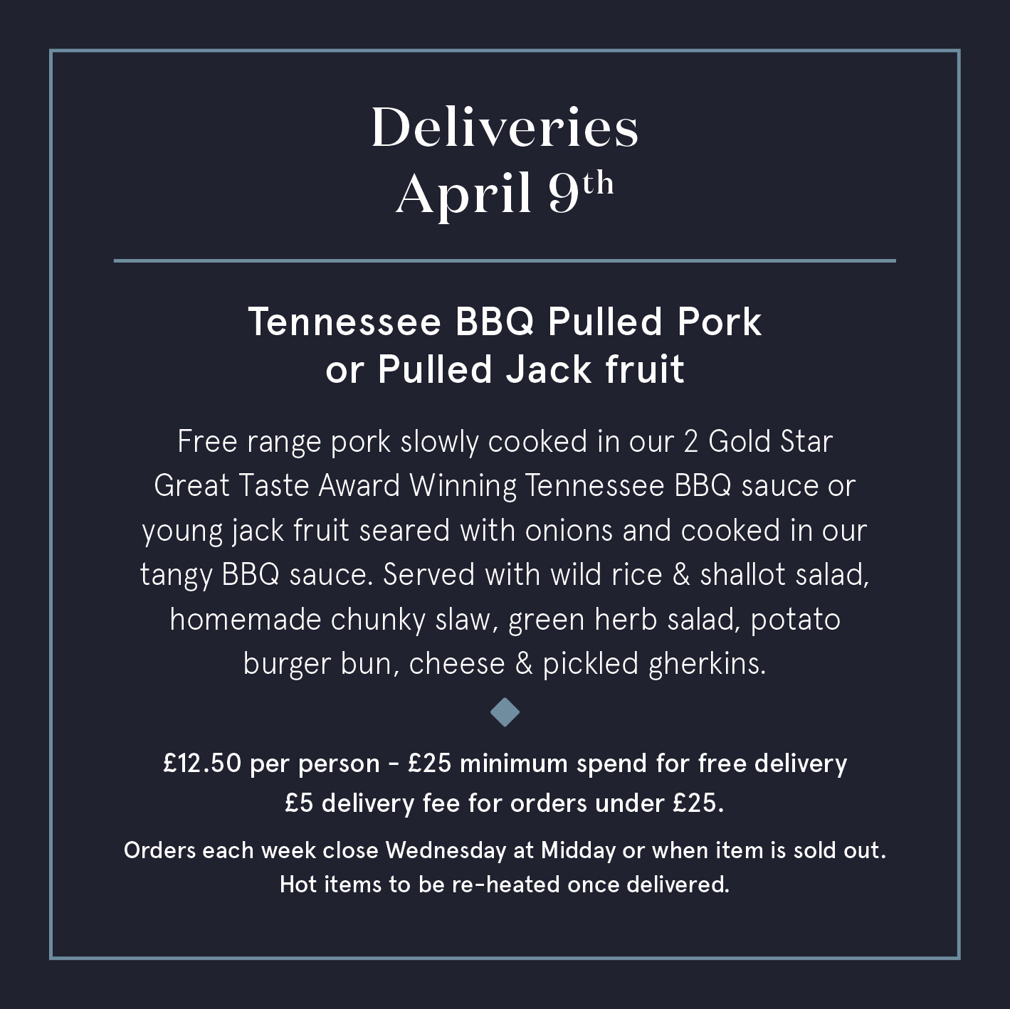 April 9th - Tennessee BBQ Pulled Pork or Pulled Jackfruit April 9th - Tennessee BBQ Pulled Pork or Pulled Jackfruit