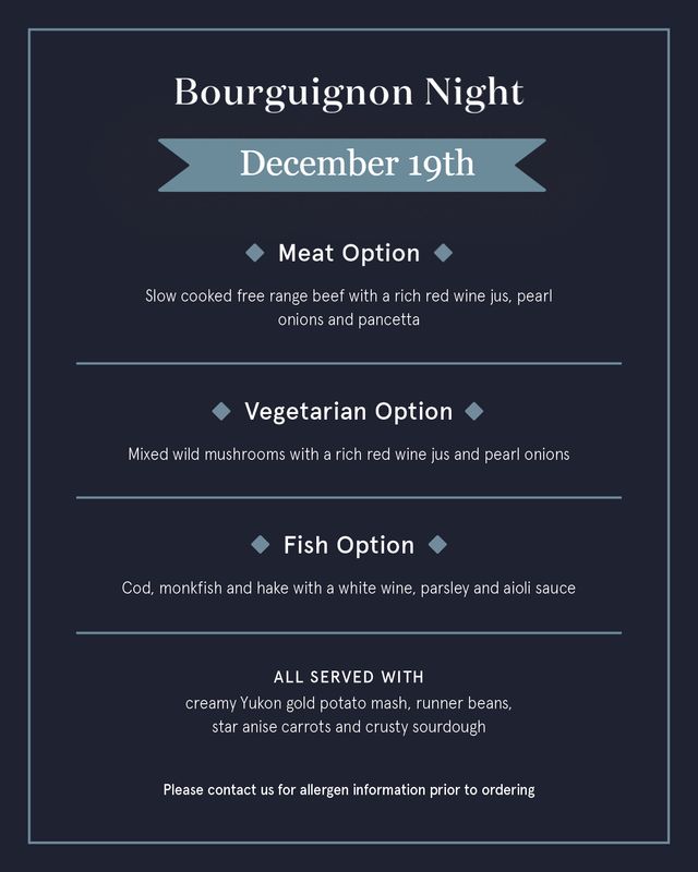 December 19th  - Dublicious Deliveries - Bourguignon Night