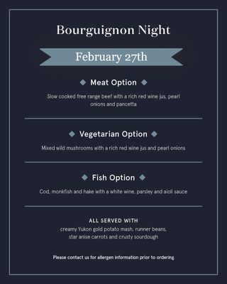 February 27th  - Dublicious Deliveries - Bourguignon Night