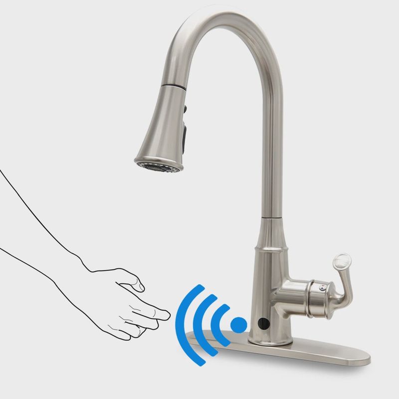 Pull Down Touchless Sensor Single Handle Kitchen Sink Faucet with Deck Plate 3 Spray Modes