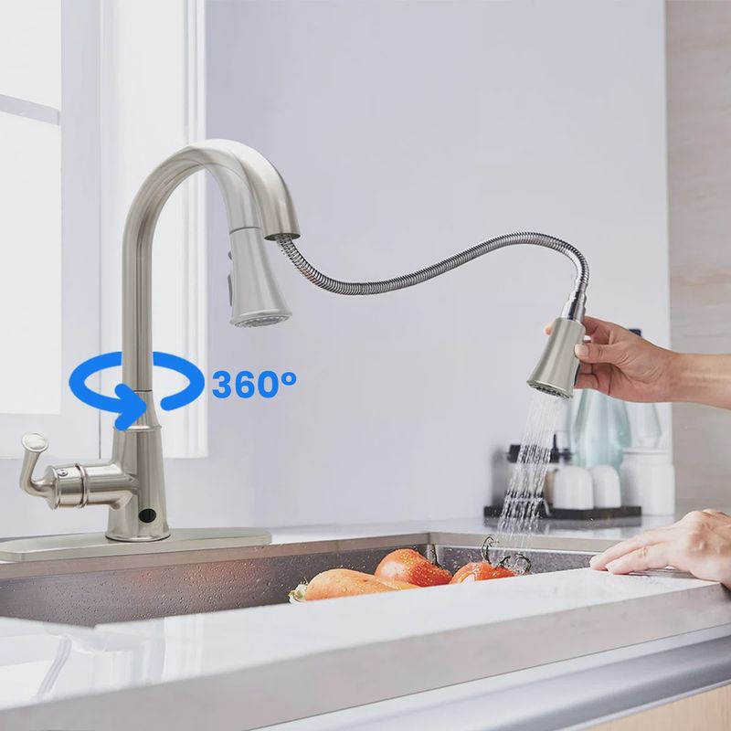 Pull Down Touchless Sensor Single Handle Kitchen Sink Faucet with Deck Plate 3 Spray Modes