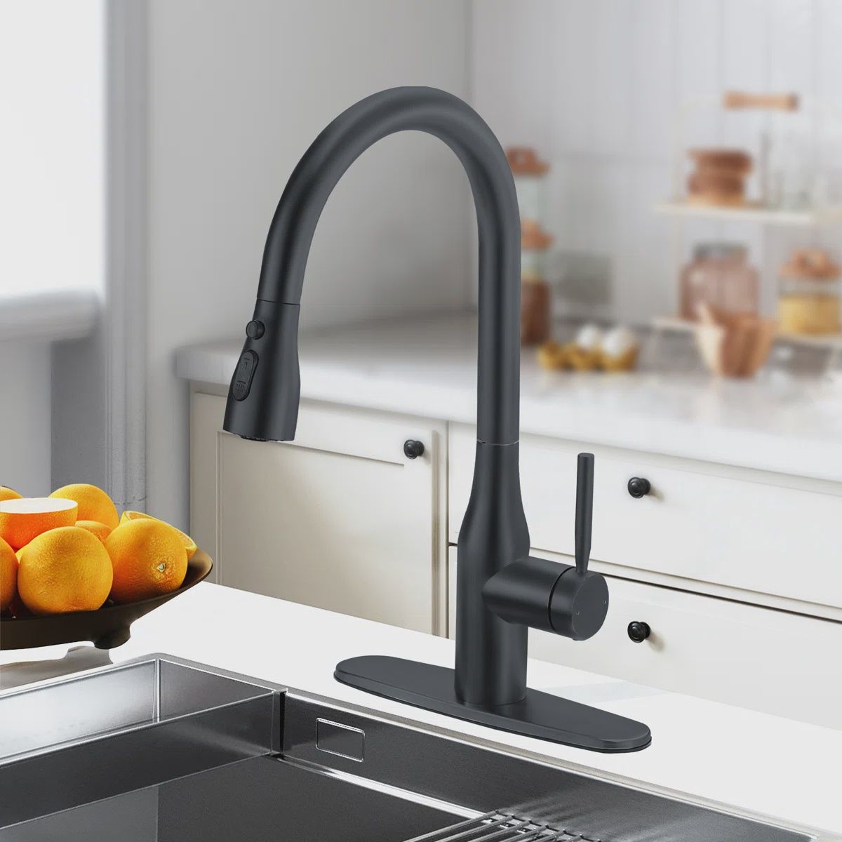 Pull Down Matte Black Single Handle Kitchen Faucet with Deck Plate