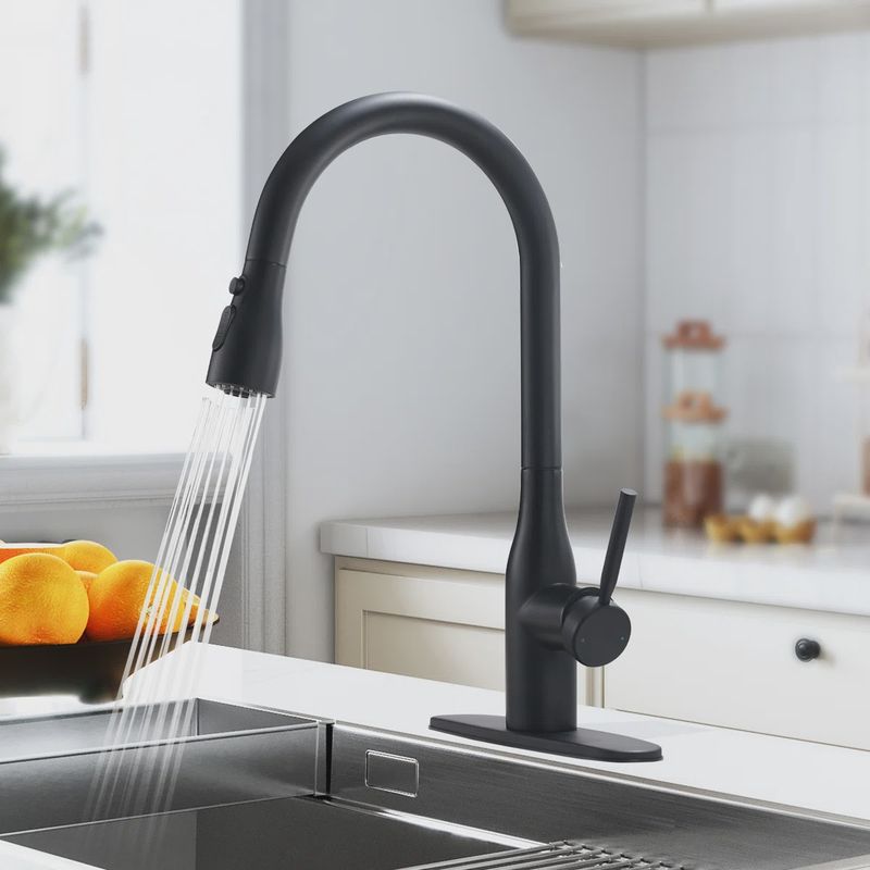 Pull Down Matte Black Single Handle Kitchen Faucet with Deck Plate