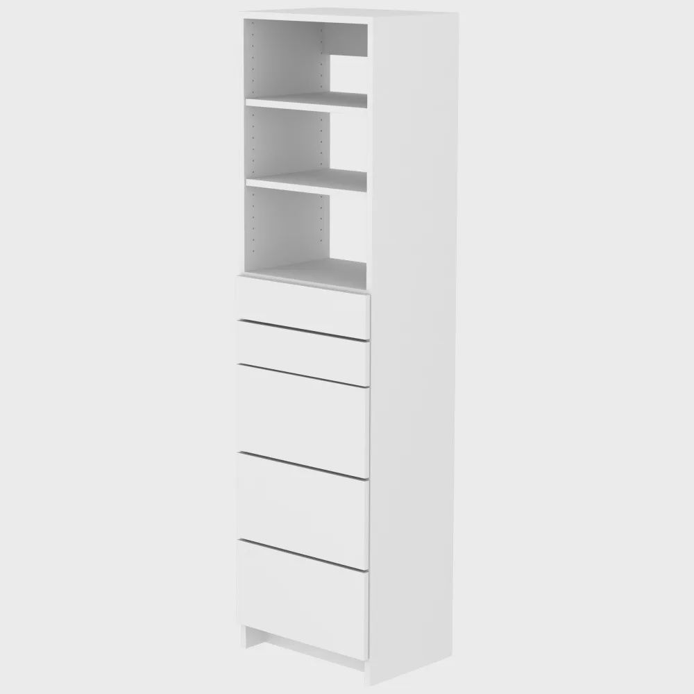 Drawer Floor Tower Frame with Small &amp; Large Drawers, Adjustable Shelving, 14"D, Finish: White, HEIGHT: 72", WIDTH: 19-1/2"