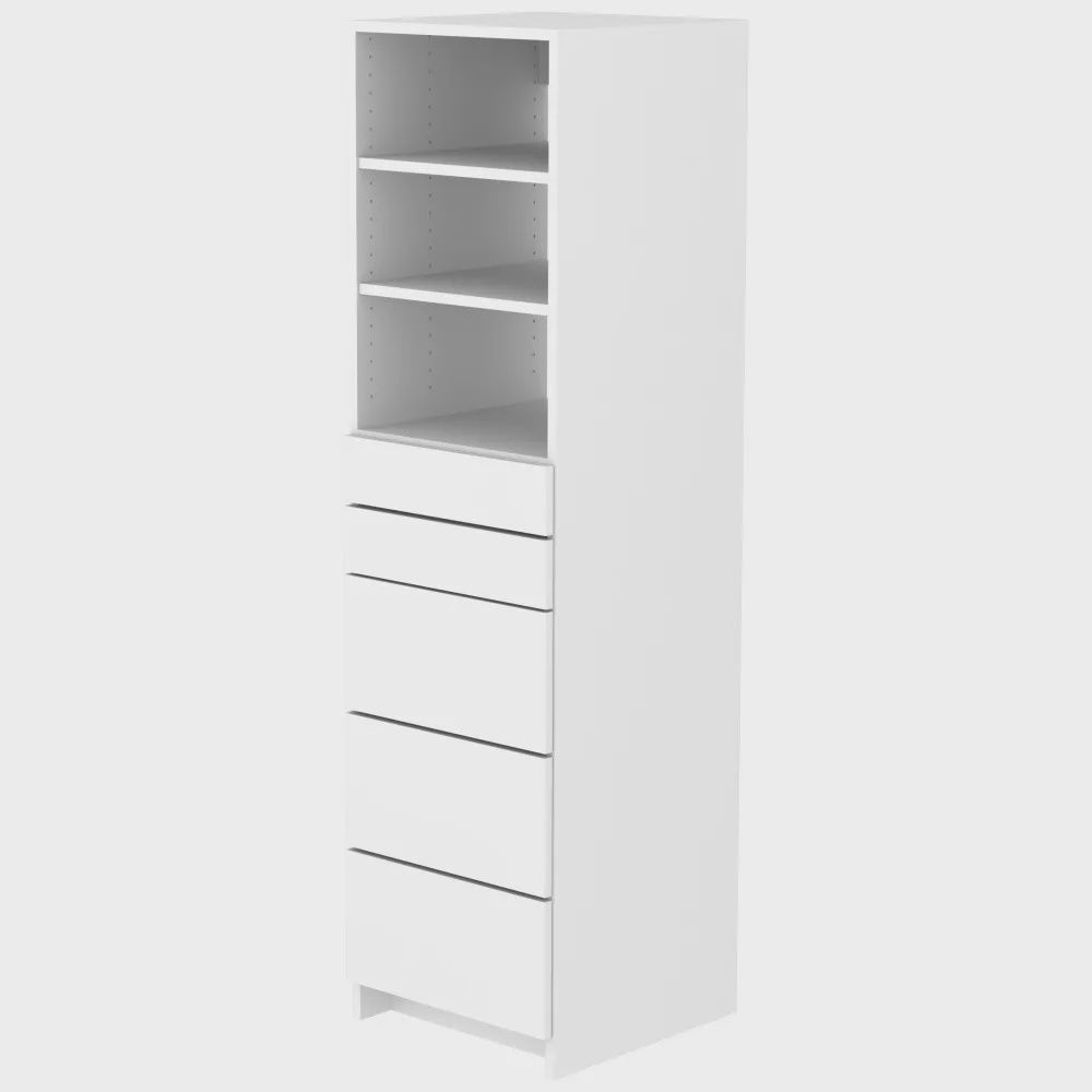Drawer Floor Tower Frame with Small &amp; Large Drawers, Adjustable Shelving, 20"D, Finish: White, HEIGHT: 72", WIDTH: 19-1/2"