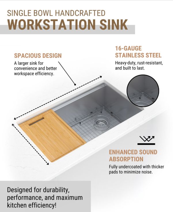 Handcrafted 33" Workstation Sink – 16‑Gauge Stainless Steel