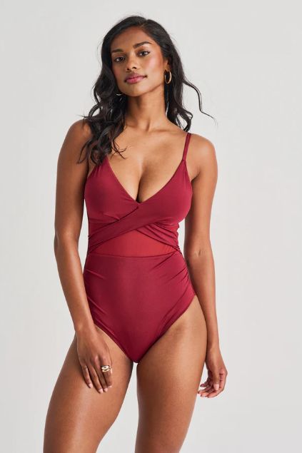 Cross-Over Mesh One-Piece - Ruby Red