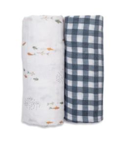 Cotton Swaddle - 2 Pack, Colour: Navy Gingham + Fish