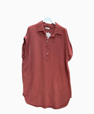 Short Cotton Gauze Dress with Buttoned Collar