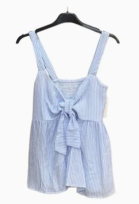 Cotton Gauze Top with Fine Stripes and Bow On the Front