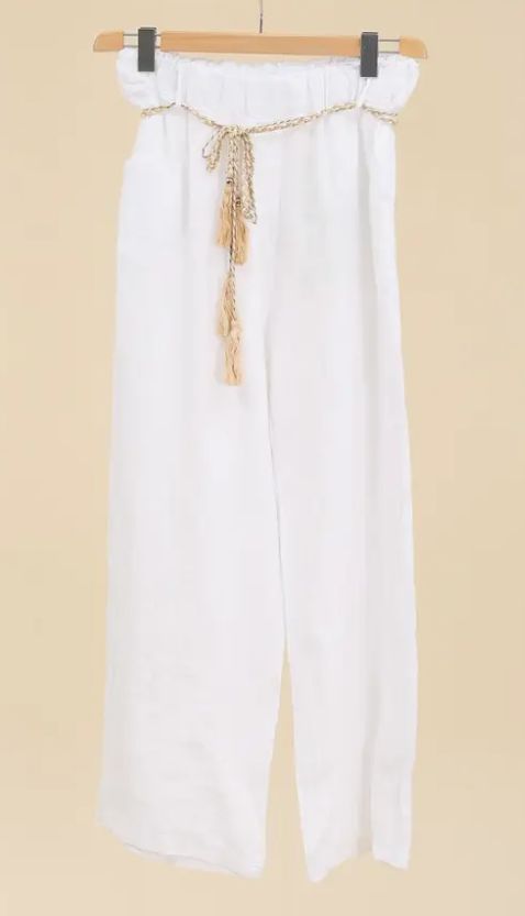 Straight Linen Pants, Colour: White