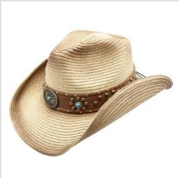 Cris Straw Brim Faux Leather Band Cowboy Western Drifter Hat
