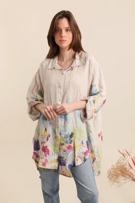 Flared Floral Linen Tunic