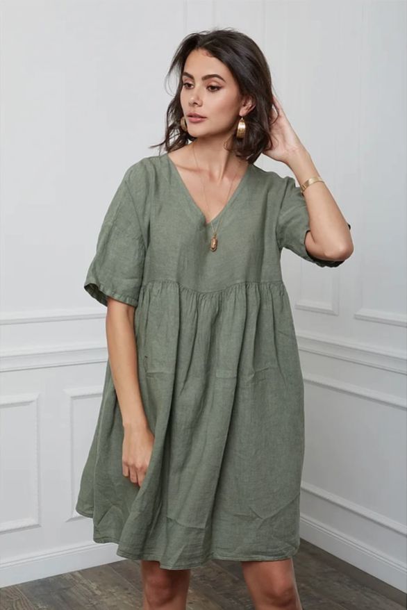 Brook Linen Dress, Colour: Khaki