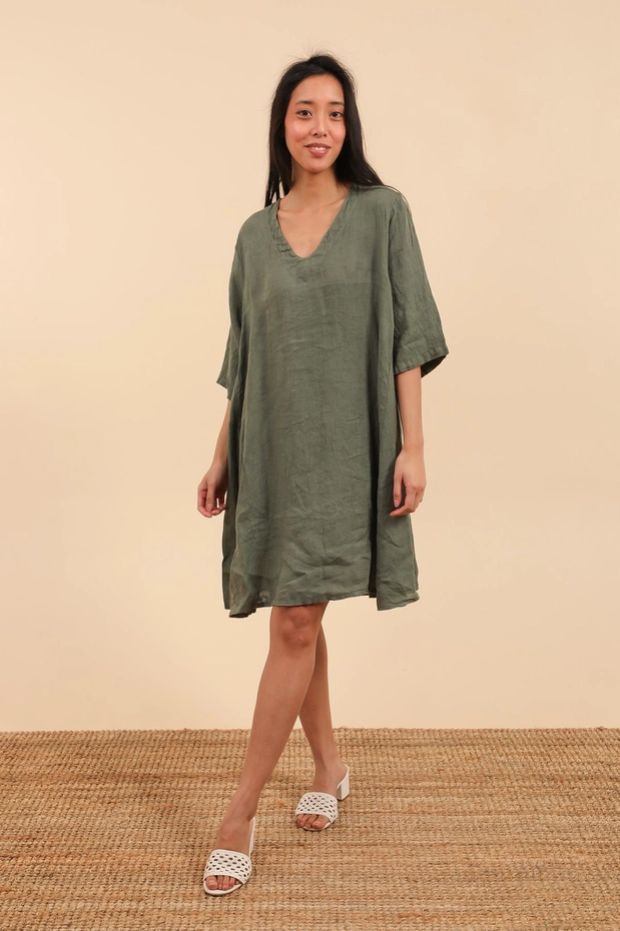 Lily Linen Dress, Colour: Olive