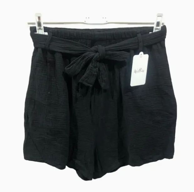 Cotton Gauze Shorts with Belt, Colour: Black