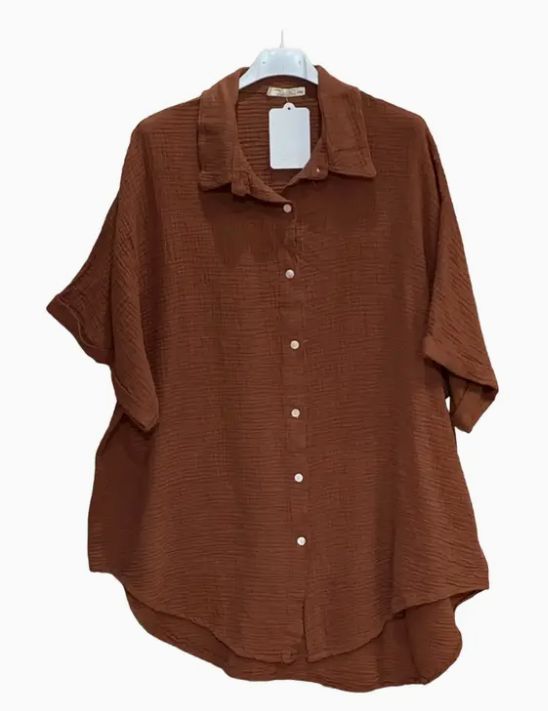 Oversized Short Sleeve Cotton Gauze Shirt, Colour: Brown