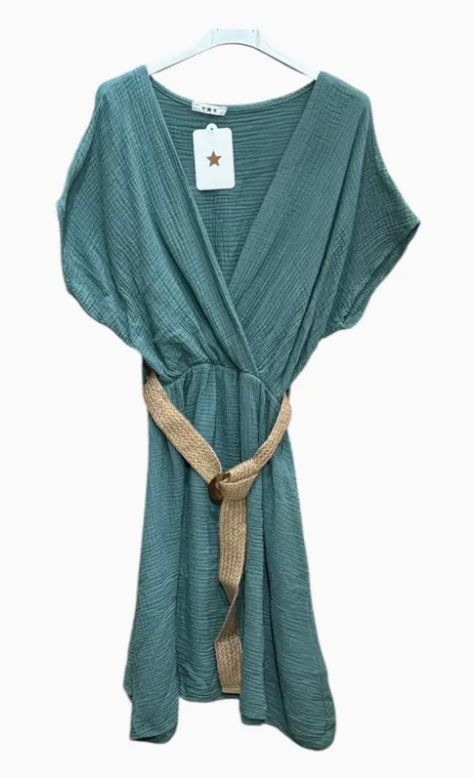 Short Cotton Gauze Dress with Belted Collar, Colour: Celadon