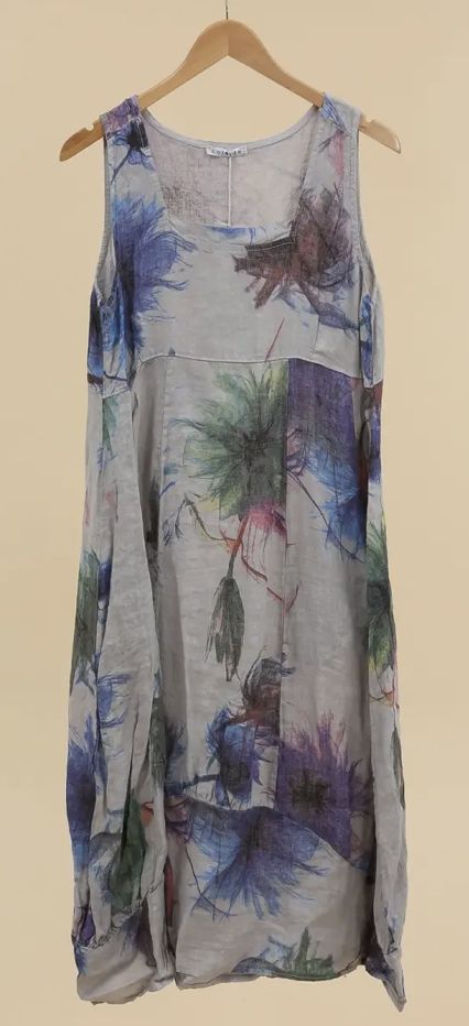 Sleeveless Floral Linen Dress, Colour: Gray