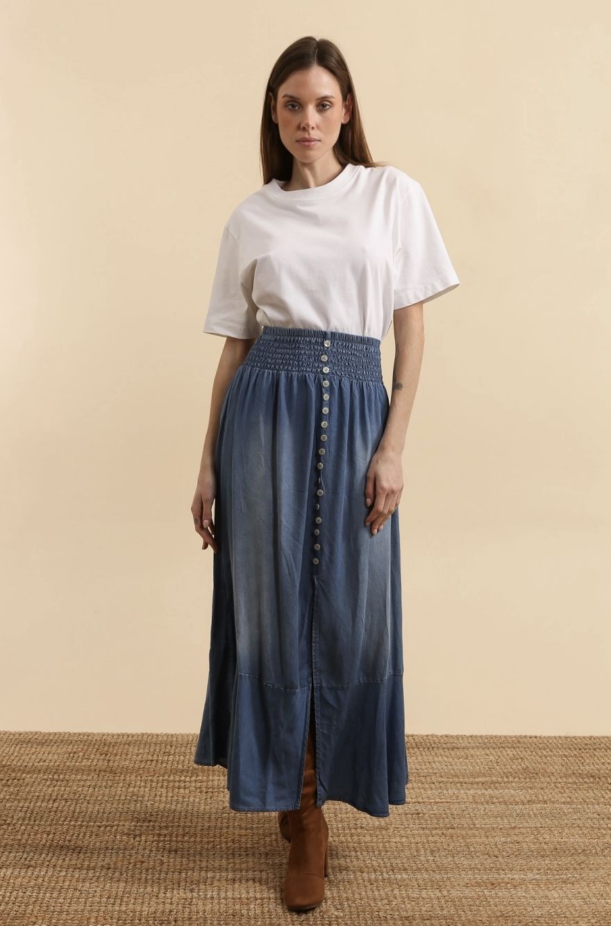 Button Denim Skirt, Colour: Dark Wash