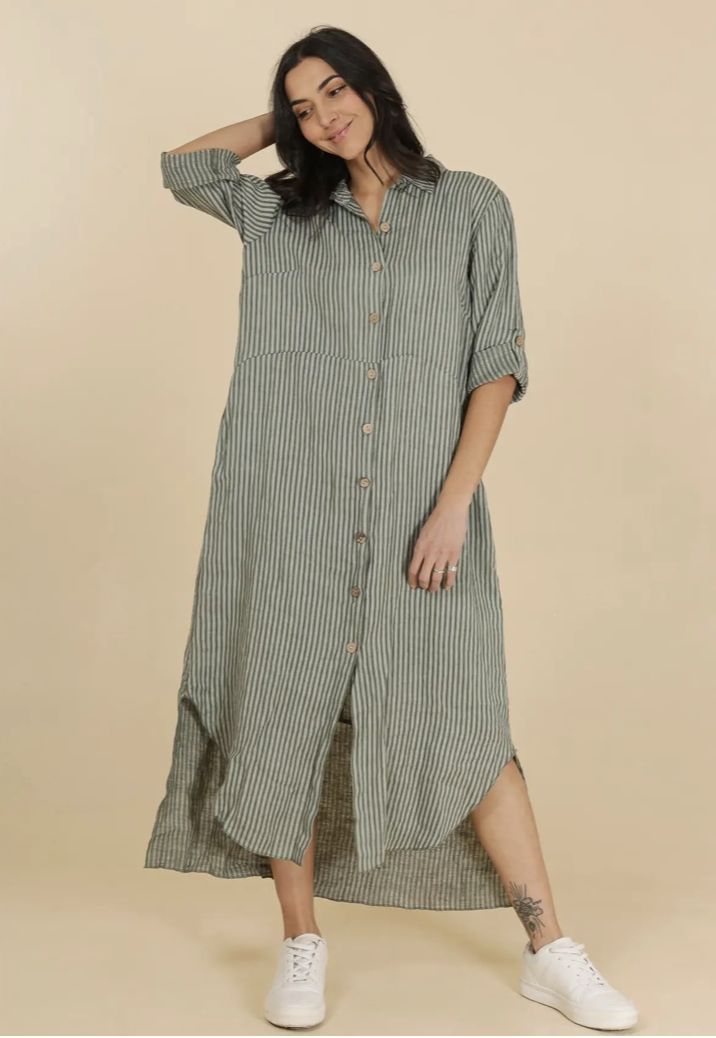 Pinstripe Linen Shirt Dress, Colour: Sage