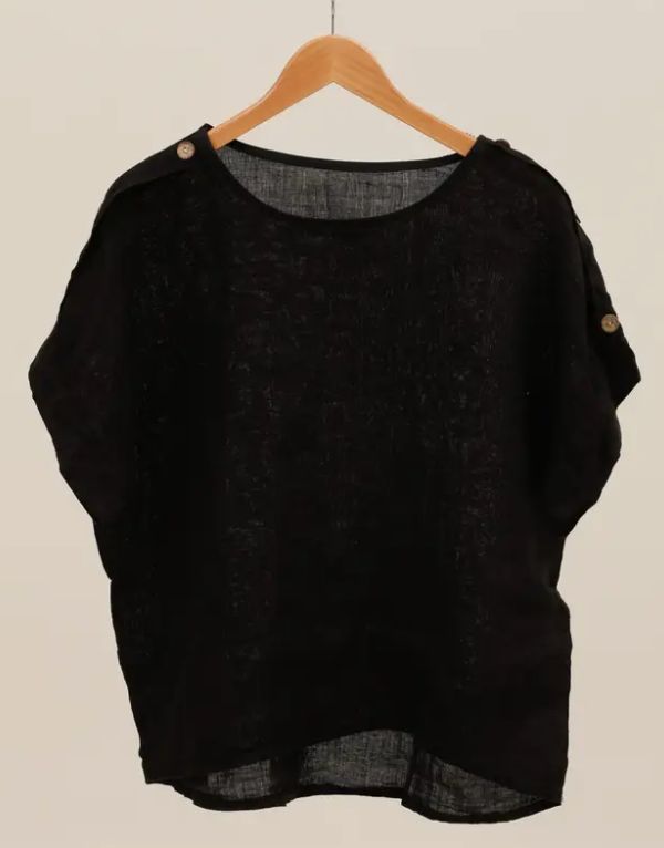Linen T-Shirt w/Buttons, Colour: Black