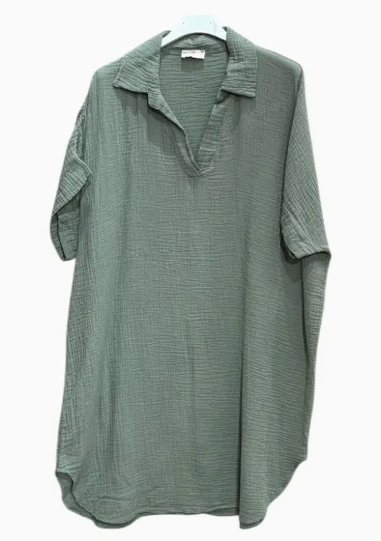 Short Cotton Gauze Dress with Collar, Colour: Khaki