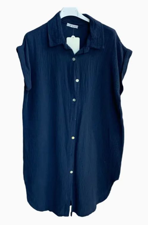 Cotton Gauze Short Sleeve Shirt Dress, Colour: Navy