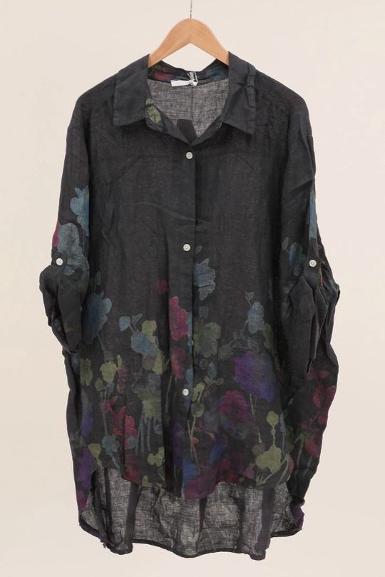 Flared Floral Linen Tunic, Colour: Charcoal