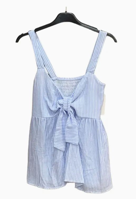 Cotton Gauze Top with Fine Stripes and Bow On the Front, Colour: Blue
