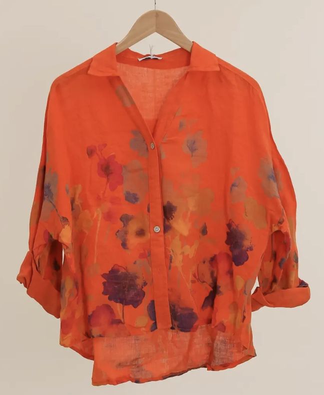 Floral Linen Blouse, Colour: Orange