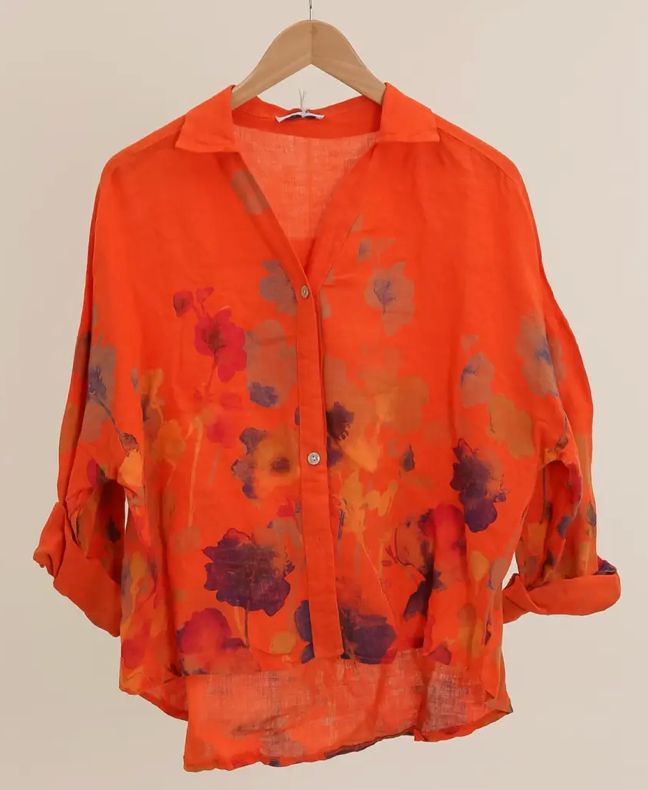 Floral Linen Blouse, Colour: Orange