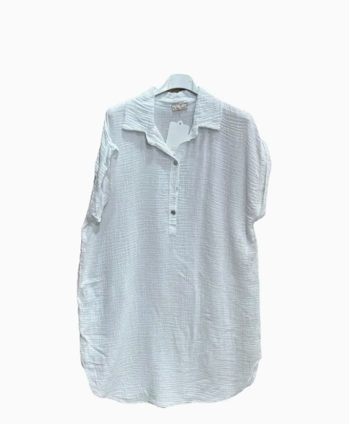 Short Cotton Gauze Dress with Buttoned Collar, Colour: White