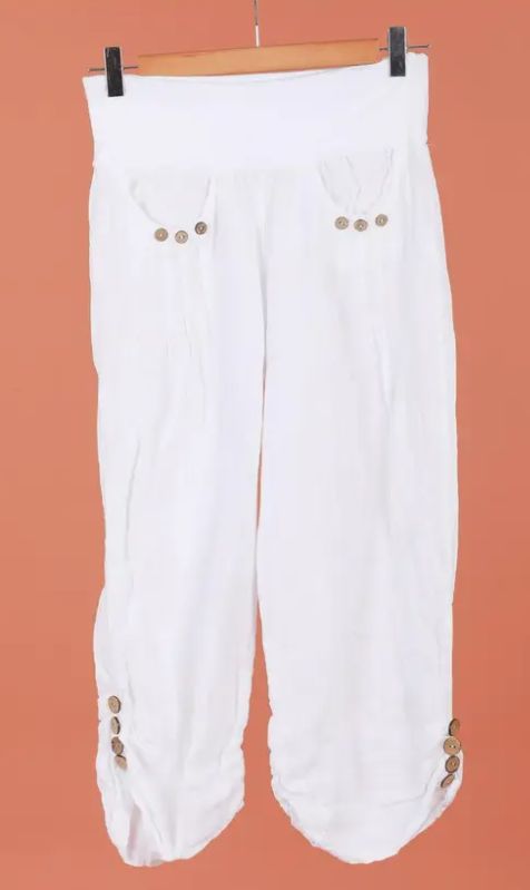 100% Linen Cropped Pants, Colour: White