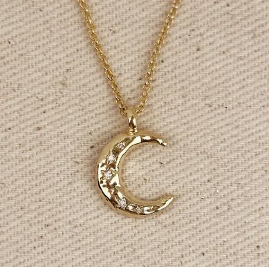 18k GF Hammered Crescent Moon Cz Necklace