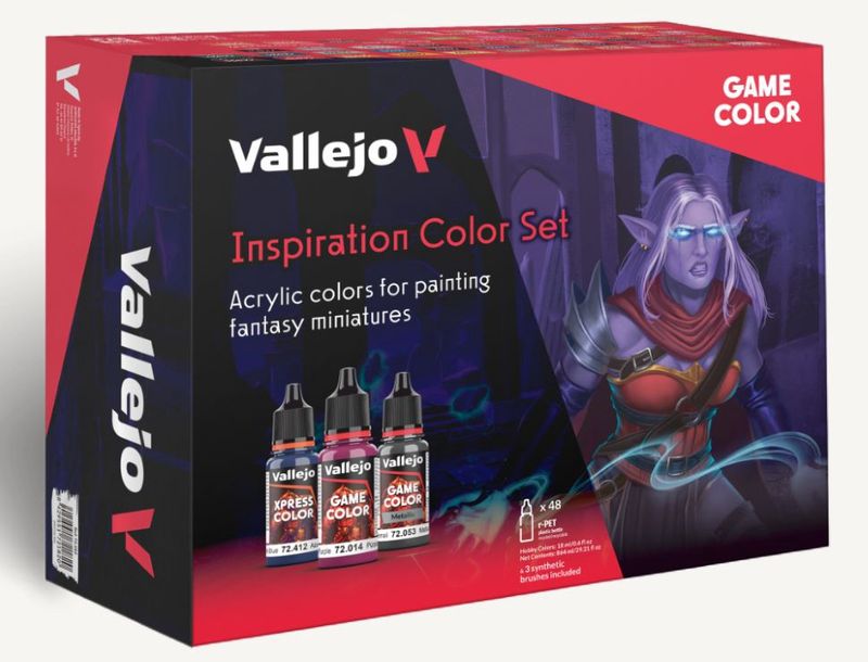 Vallejo 18ml Inspiration Game Color Paint Set (48 Colors) w/Starter Brush Set 72182