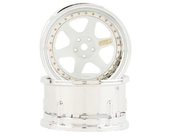 DS Racing Drift Element 6 Spoke Drift Wheels (White &amp; Chrome w/Gold Rivets) (2), Variant: DSC-DE-211