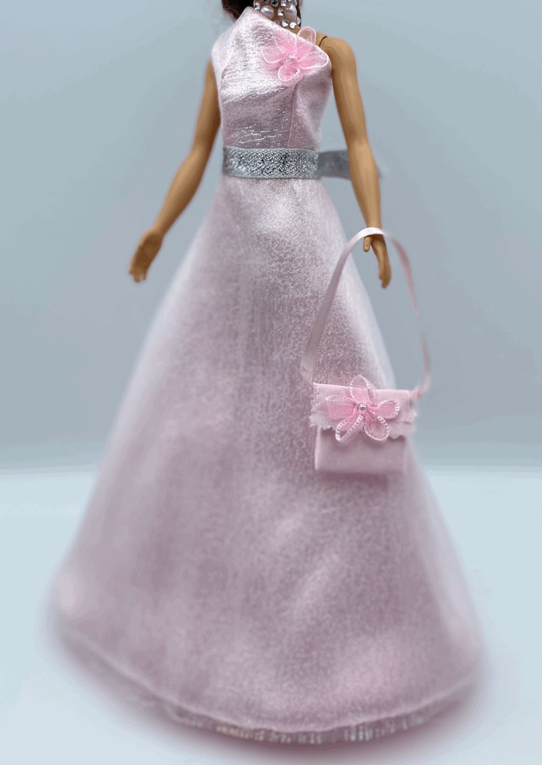 Fashion Doll Long Pink &quot;Crystal&quot; Dress with Silver Ribbon and Pink Purse