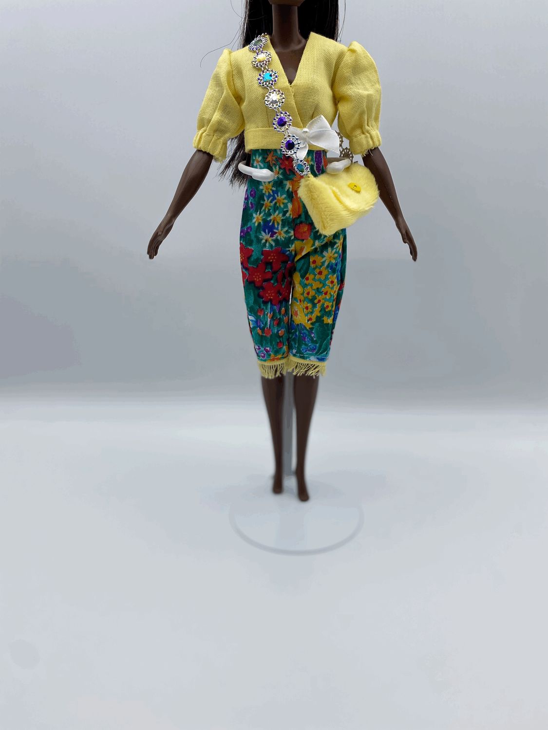Fashion Doll Yellow Blouse and Flower Print Pants with Purse