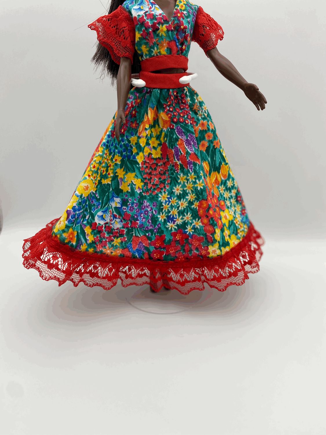 Fashion Doll Red Colorful Flower Print Blouse and Skirt