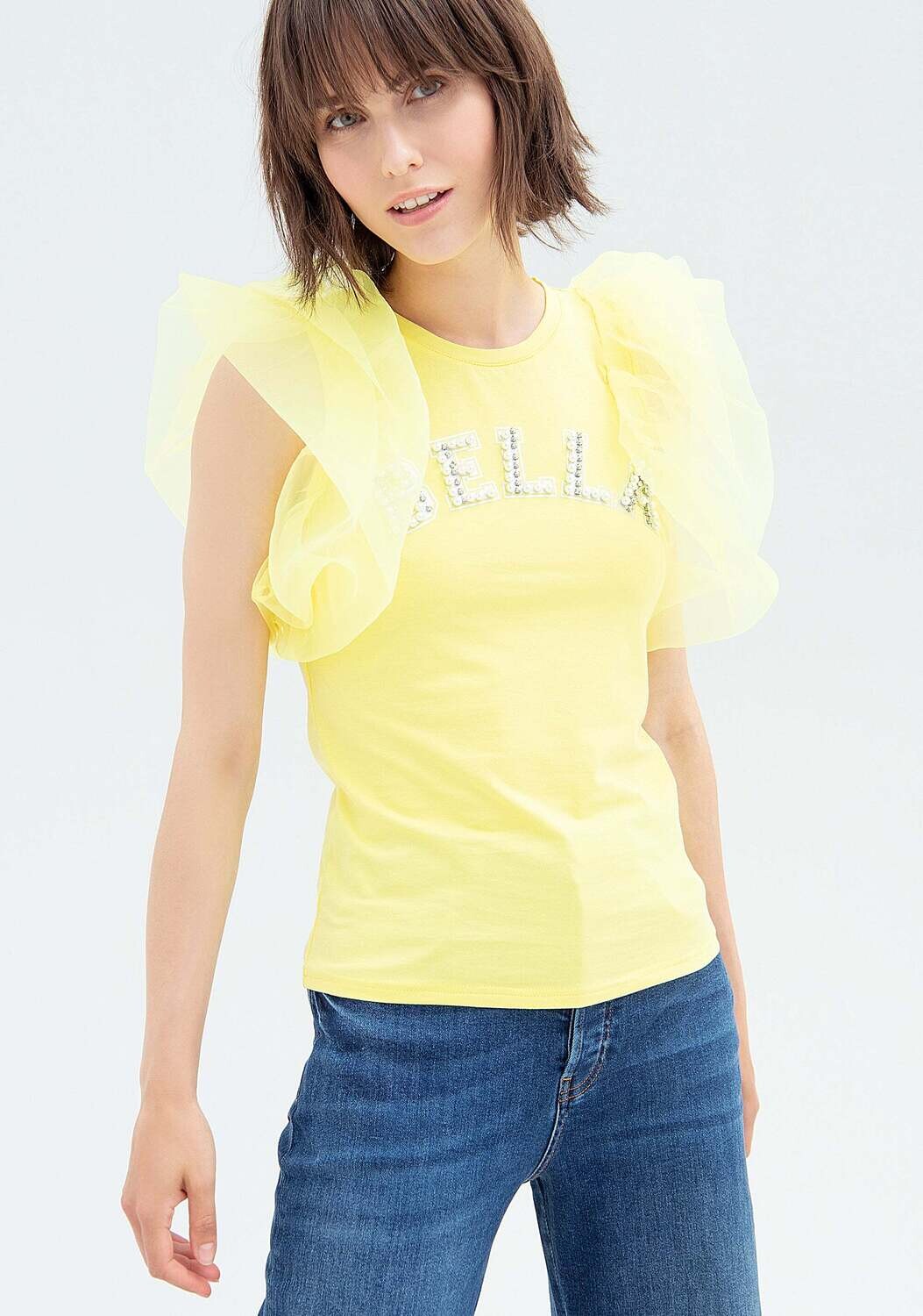 ​T-shirt regular con volant in tulle
