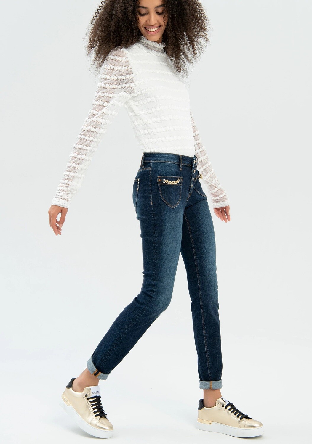 Jeans skinny a vita alta con tasche frontali
