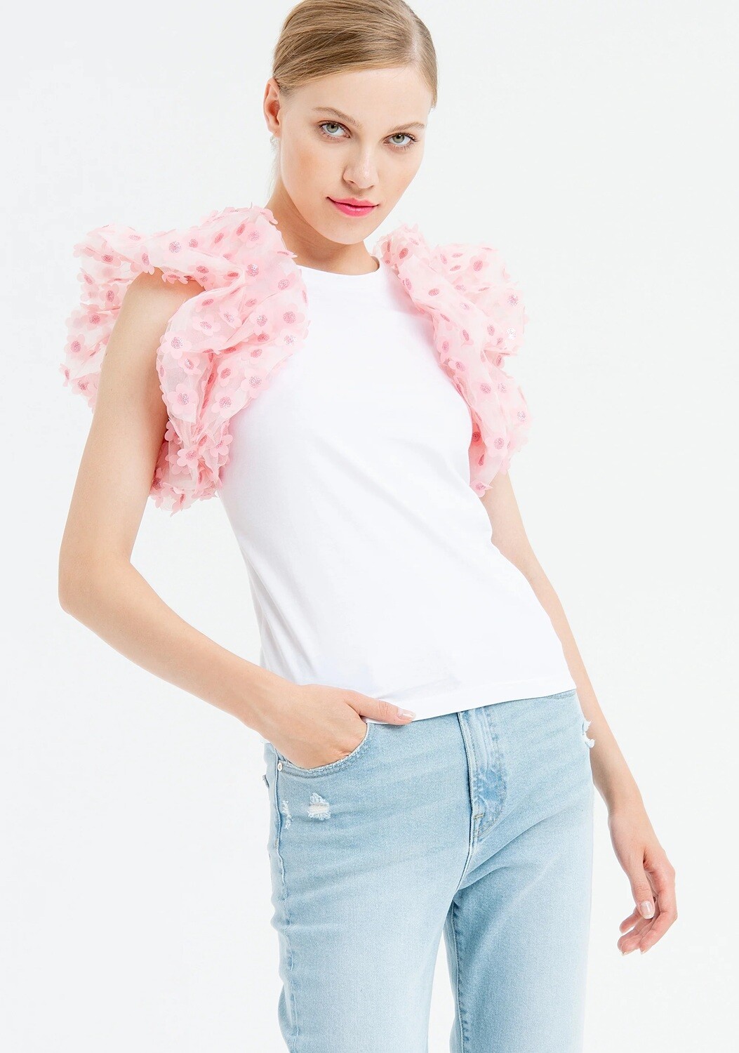 T​-shirt in jersey con volant in tulle