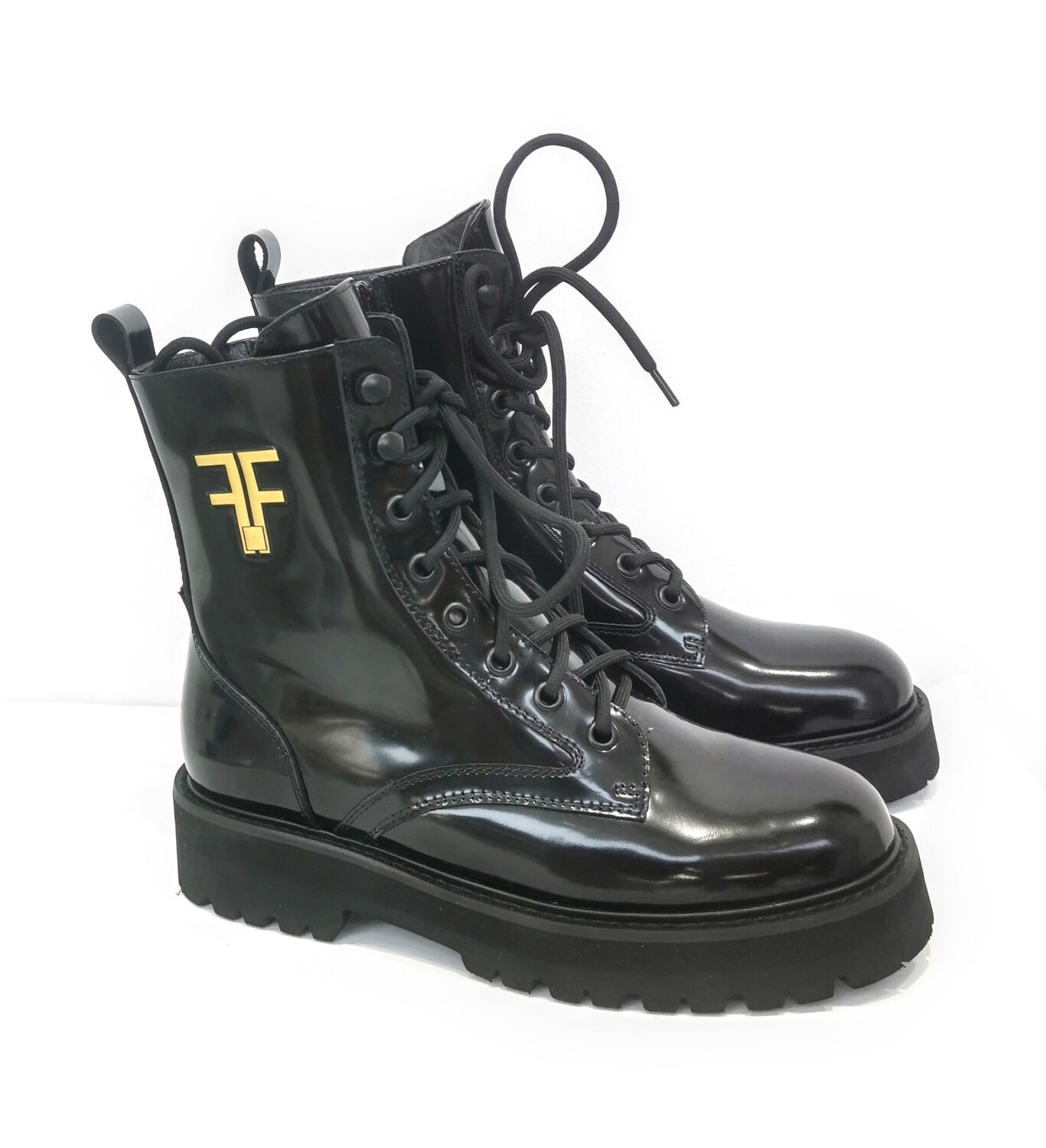 ​Shiny leather combat boots