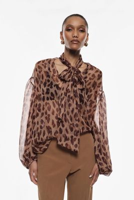 Tie-neck blouse with animalier print