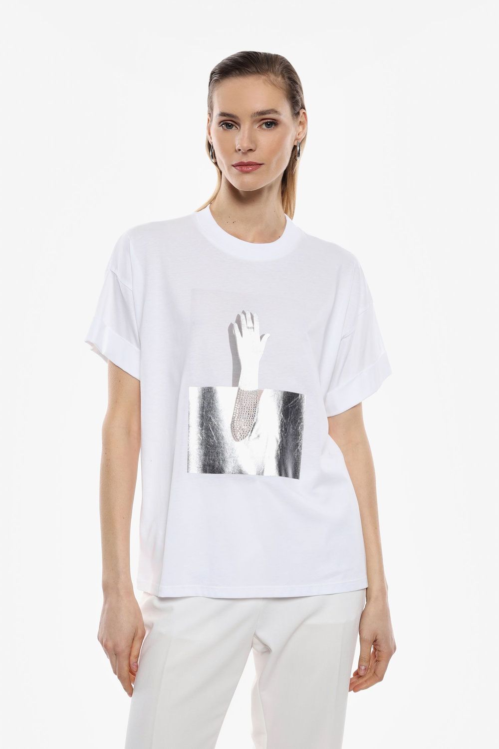 Regular T-shirt with print and rhinestones